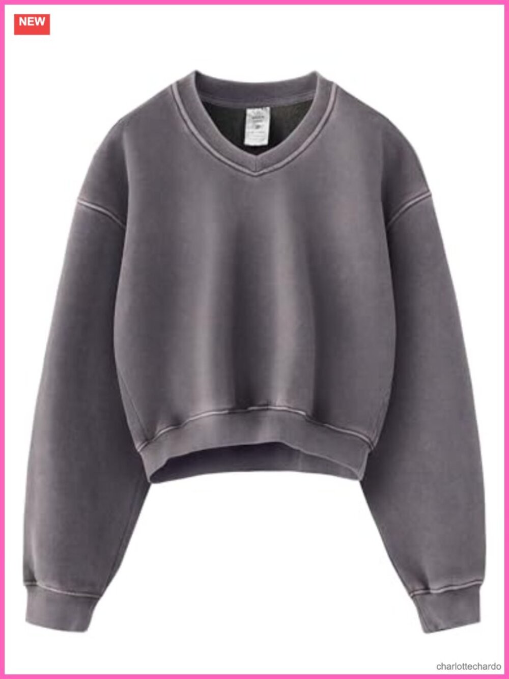V-Neck Cropped Fleece Sweatshirt Acid Wash Relaxed Pullover